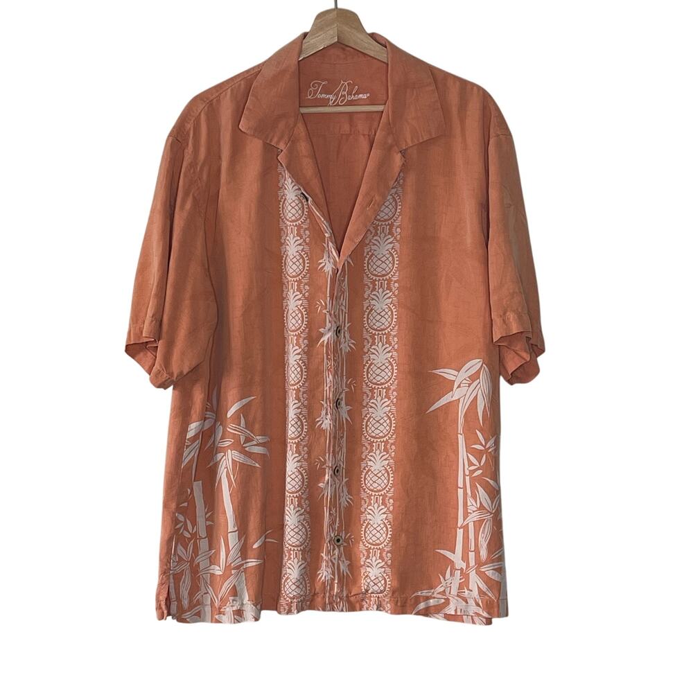 Tommy Bahama 100% silk Orange Hawaiian Print Short Sleeve Button Down Size XL